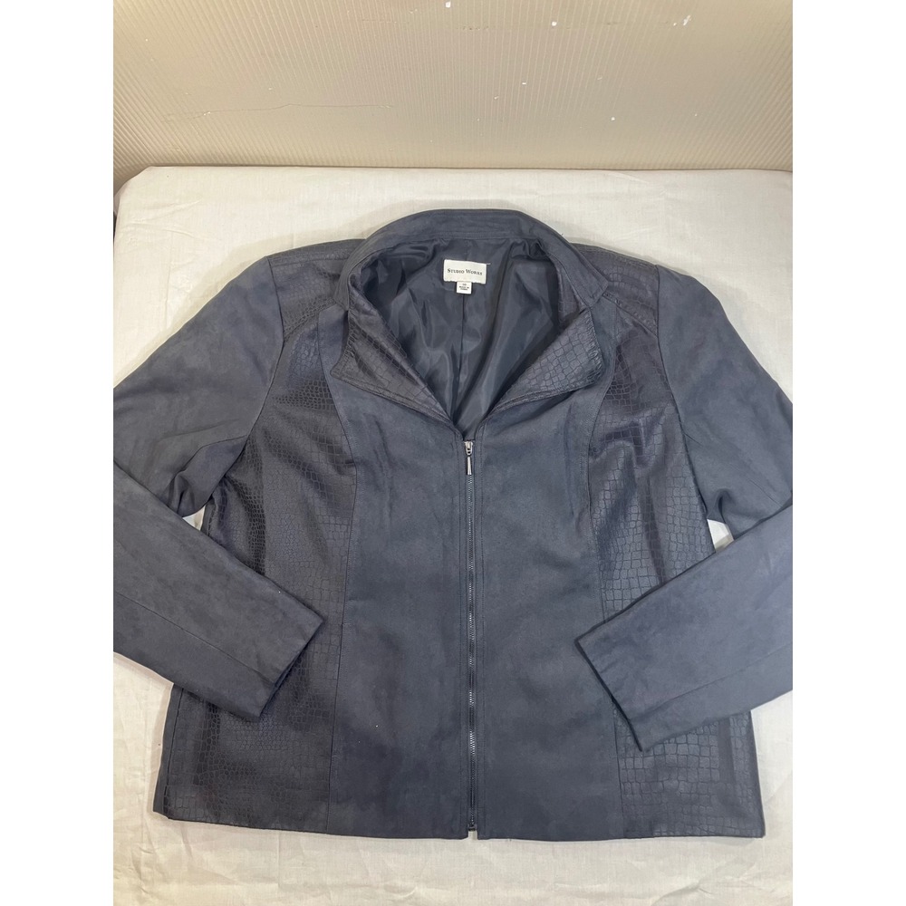 Studio‎ Works Womens Gray Faux Suede Jacket Croc Trim Full Zip Plus Size 18